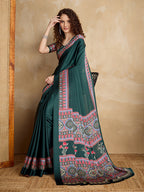 Monjolika Fashion Dark Green Printed Satin Saree - Distacart