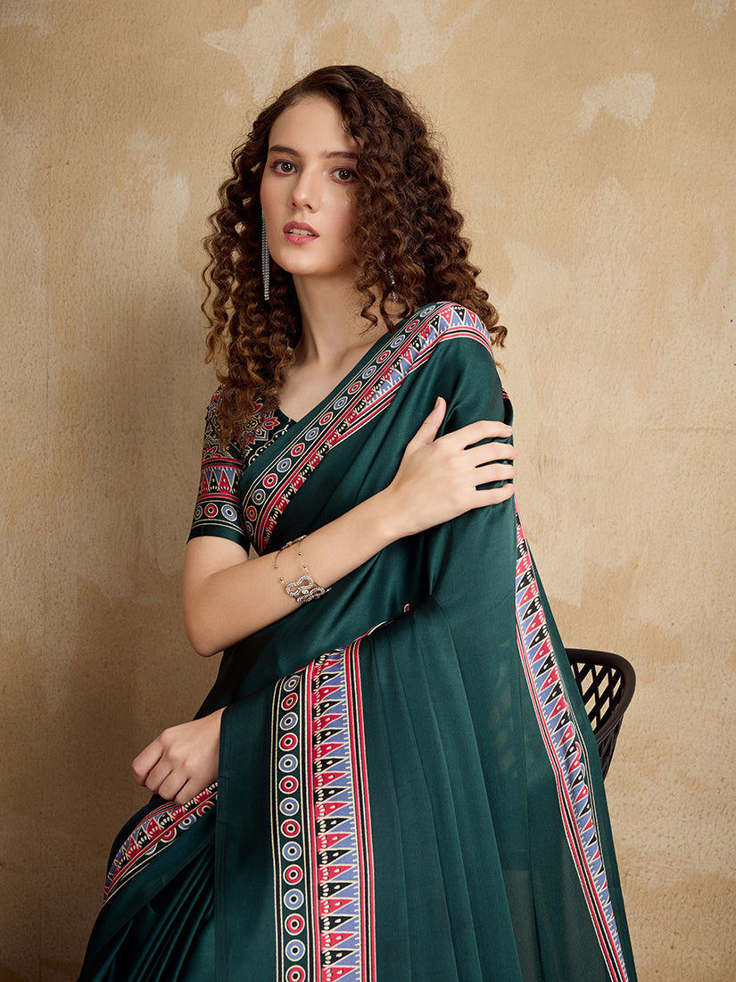Monjolika Fashion Dark Green Printed Satin Saree - Distacart