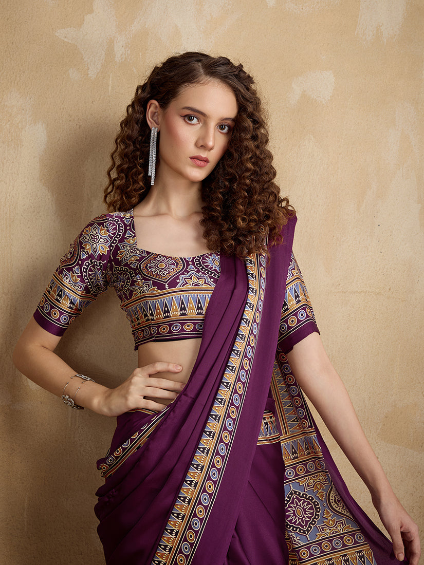 Monjolika Fashion Purple Printed Satin Saree - Distacart