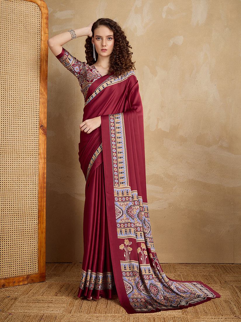 Monjolika Fashion Maroon Printed Satin Saree - Distacart