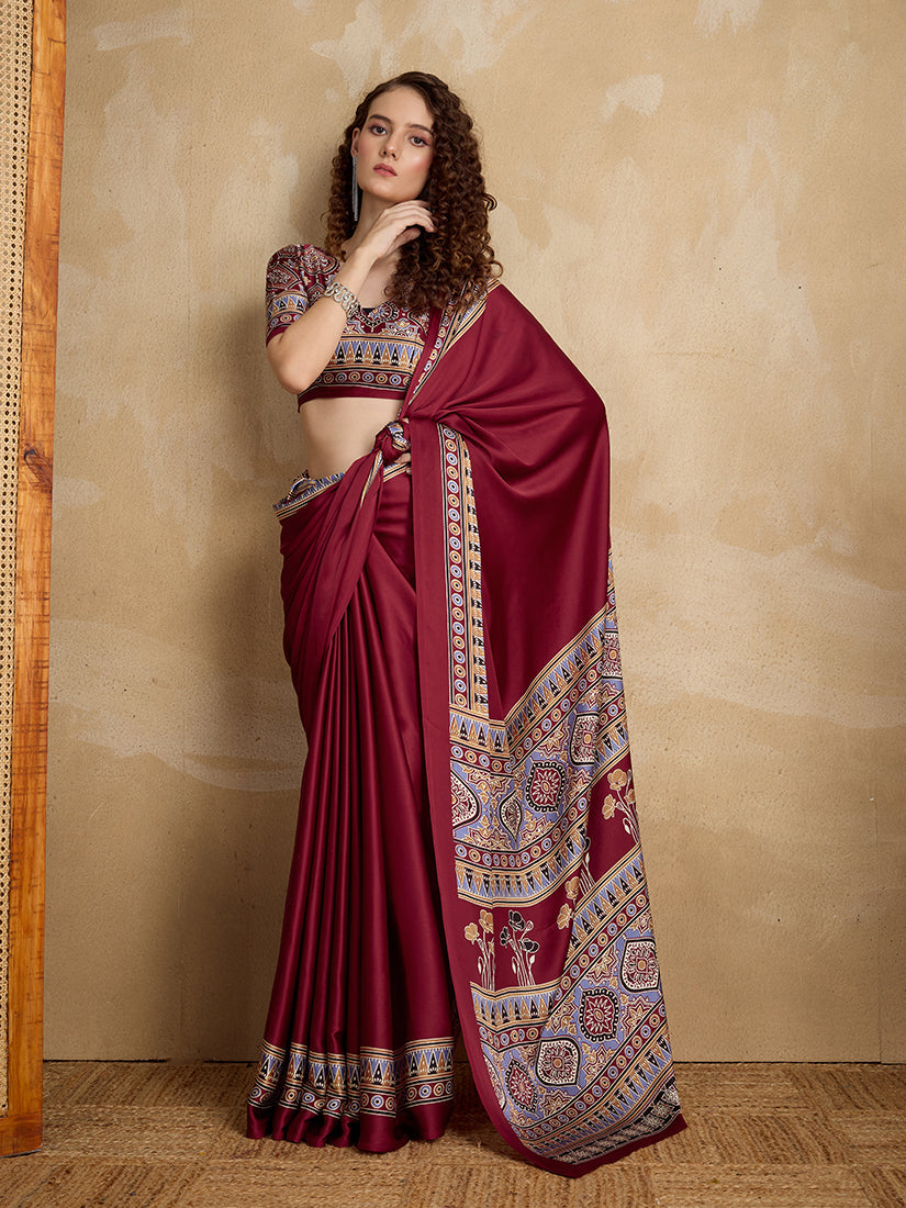 Monjolika Fashion Maroon Printed Satin Saree - Distacart