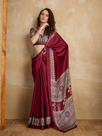 Monjolika Fashion Maroon Printed Satin Saree - Distacart