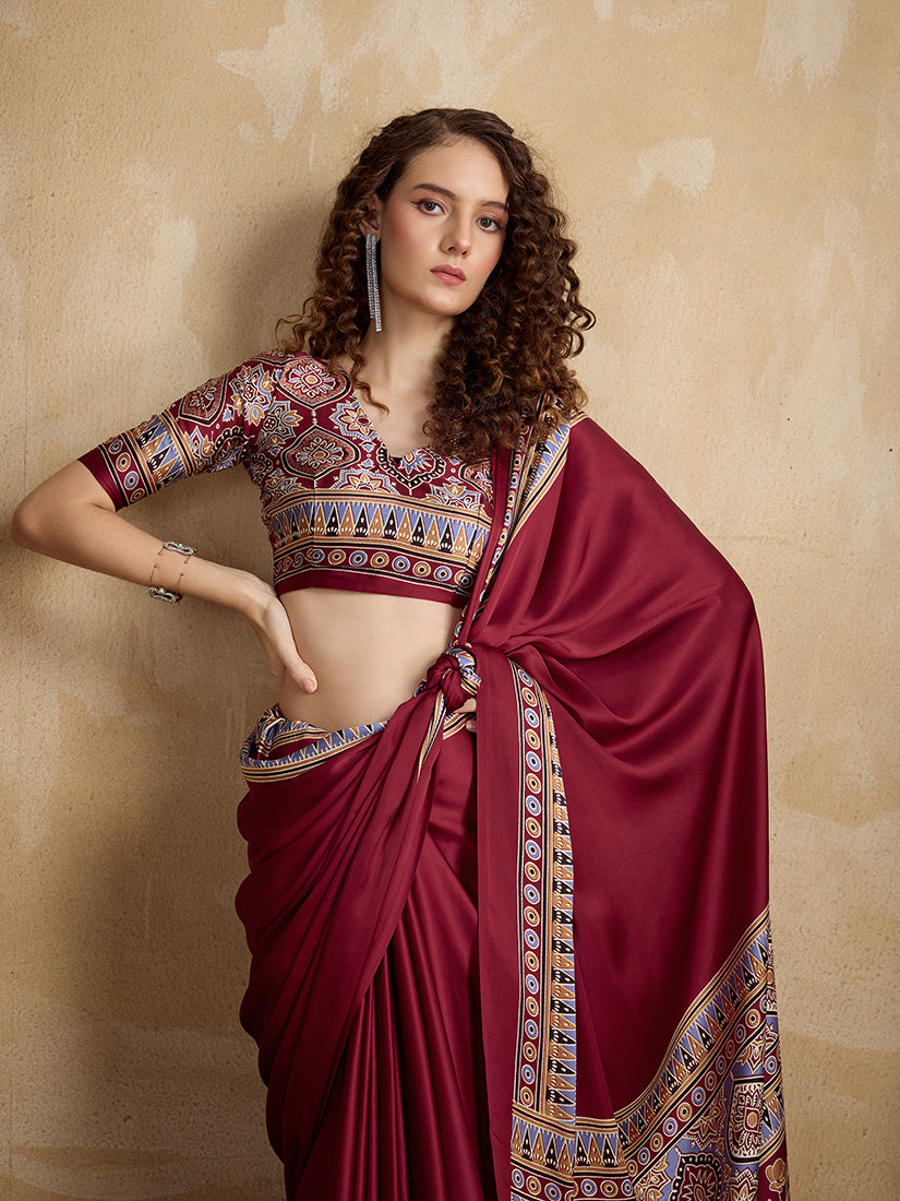 Monjolika Fashion Maroon Printed Satin Saree - Distacart