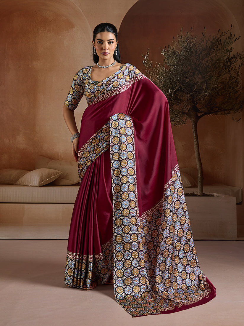 Monjolika Fashion Burgundy Printed Satin Saree - Distacart