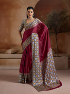 Monjolika Fashion Burgundy Printed Satin Saree - Distacart