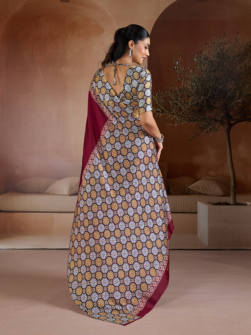 Monjolika Fashion Burgundy Printed Satin Saree - Distacart