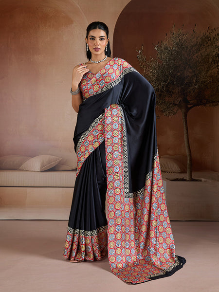 Monjolika Fashion Black Printed Satin Saree