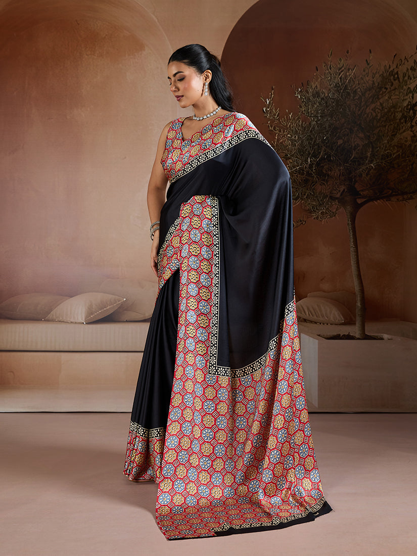 Monjolika Fashion Black Printed Satin Saree - Distacart