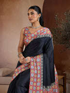 Monjolika Fashion Black Printed Satin Saree - Distacart