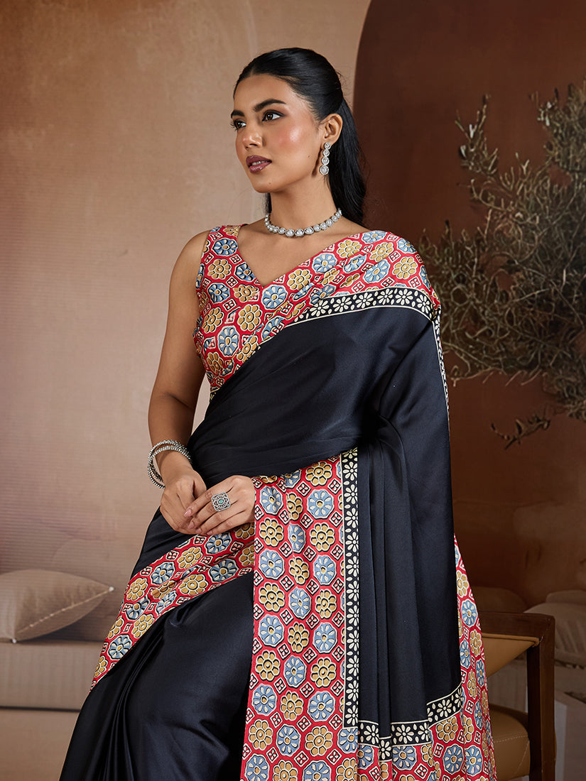 Monjolika Fashion Black Printed Satin Saree - Distacart