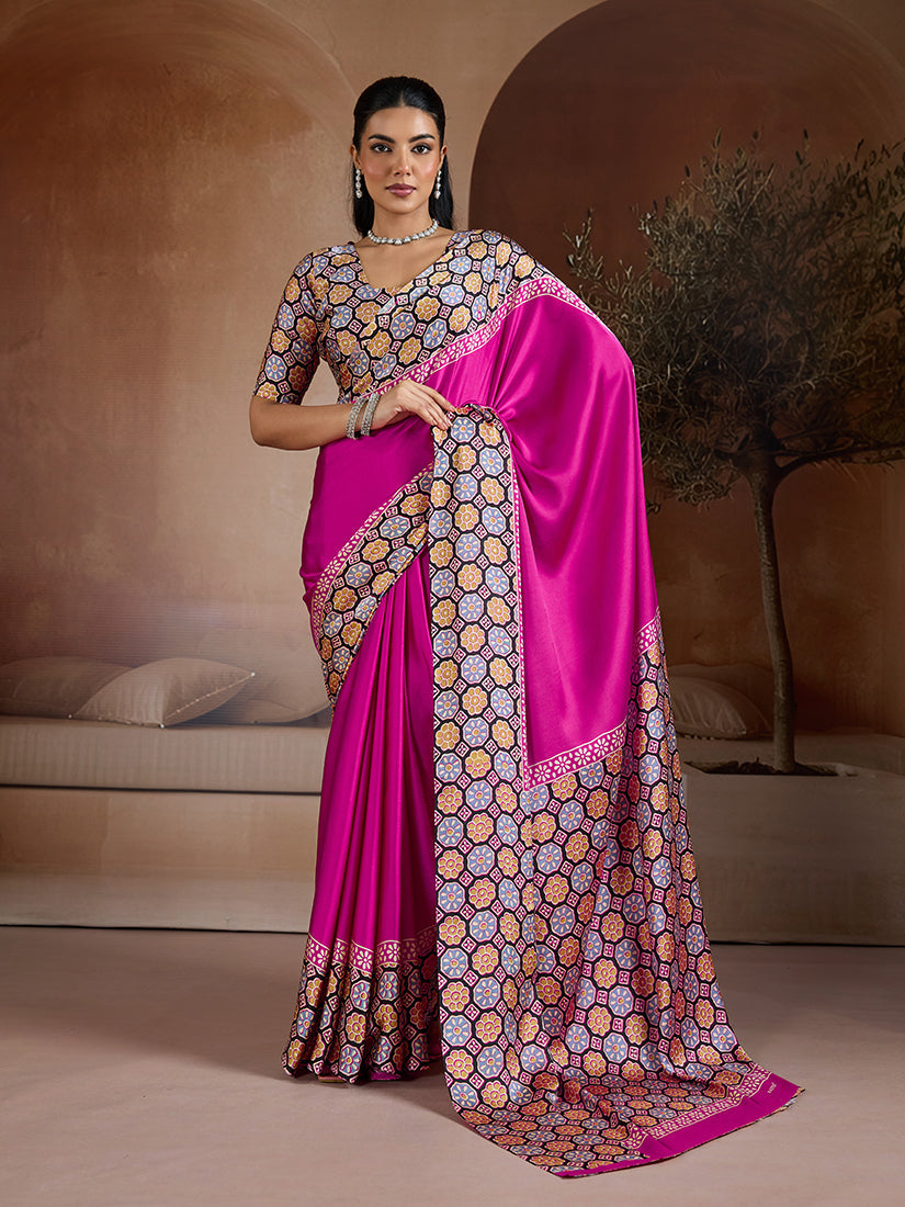 Monjolika Fashion Magenta Printed Satin Saree - Distacart