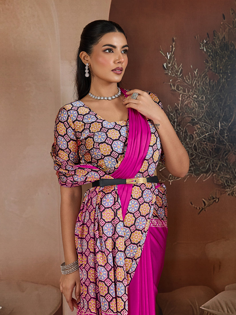 Monjolika Fashion Magenta Printed Satin Saree - Distacart