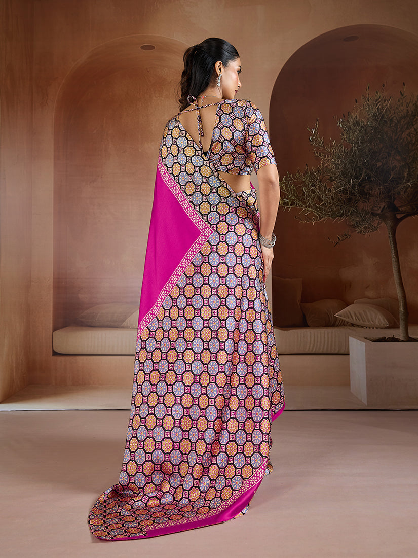 Monjolika Fashion Magenta Printed Satin Saree - Distacart