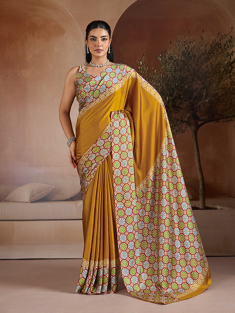 Monjolika Fashion Mustard Printed Satin Saree - Distacart