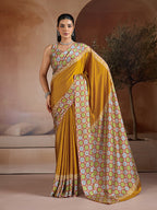 Monjolika Fashion Mustard Printed Satin Saree - Distacart