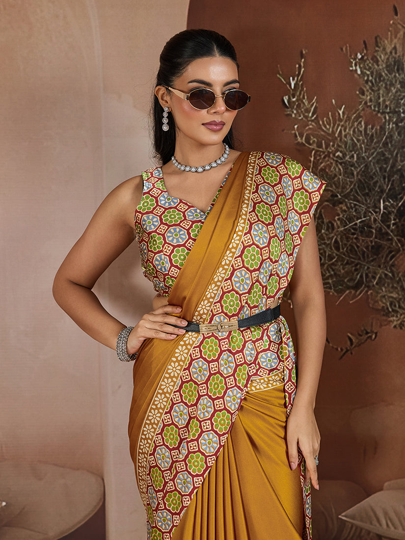 Monjolika Fashion Mustard Printed Satin Saree - Distacart