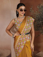 Monjolika Fashion Mustard Printed Satin Saree - Distacart