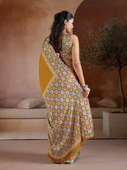 Monjolika Fashion Mustard Printed Satin Saree - Distacart