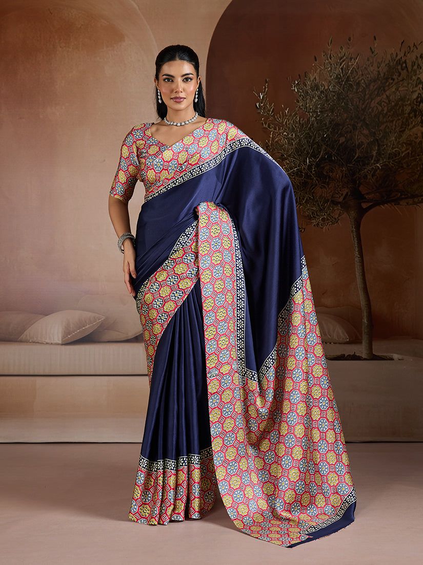 Monjolika Fashion Navy Blue Printed Satin Saree - Distacart