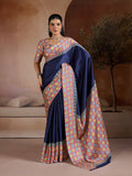 Monjolika Fashion Navy Blue Printed Satin Saree - Distacart
