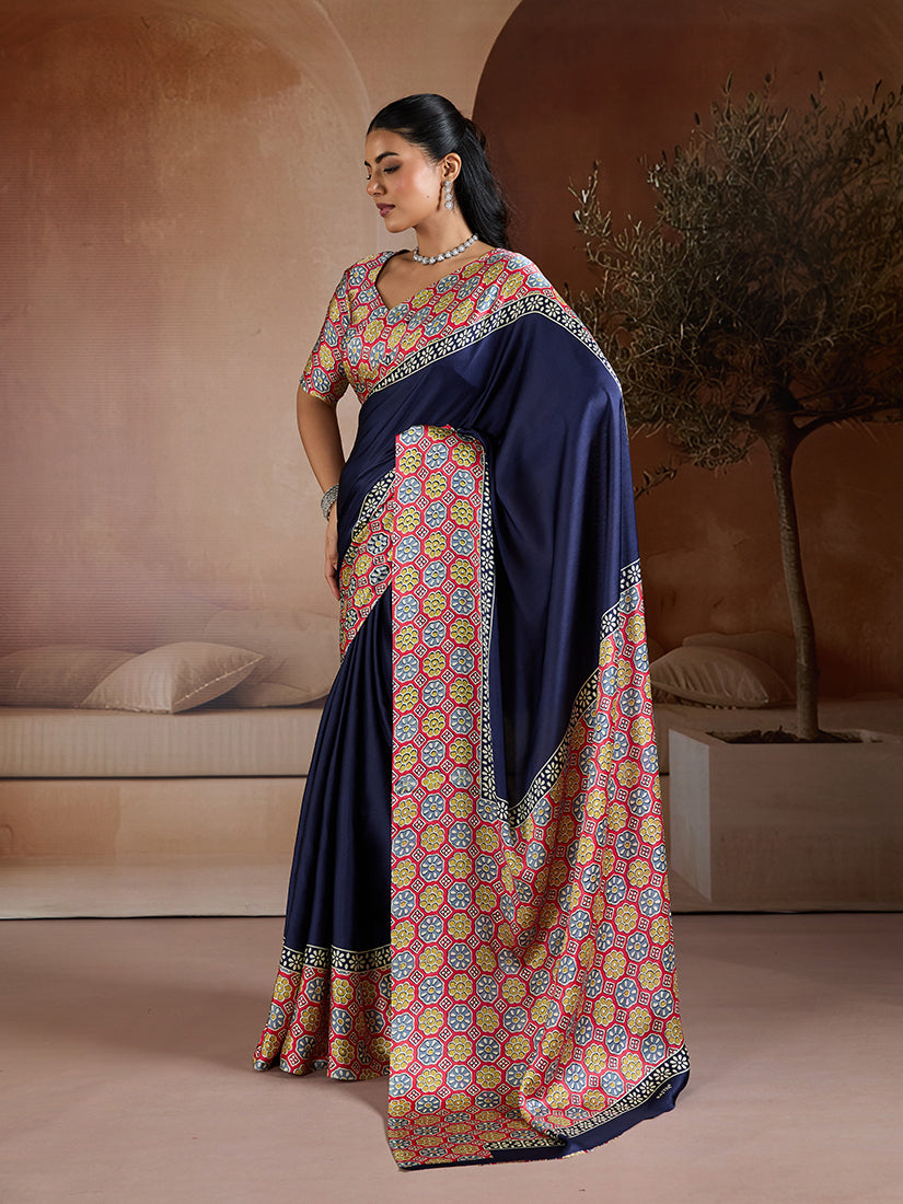 Monjolika Fashion Navy Blue Printed Satin Saree - Distacart