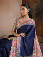 Monjolika Fashion Navy Blue Printed Satin Saree - Distacart