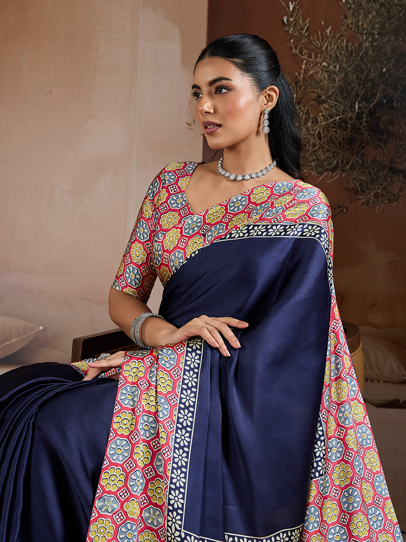 Monjolika Fashion Navy Blue Printed Satin Saree - Distacart