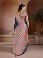Monjolika Fashion Navy Blue Printed Satin Saree - Distacart