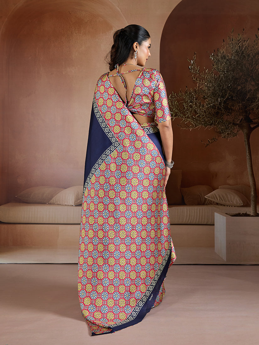 Monjolika Fashion Navy Blue Printed Satin Saree - Distacart