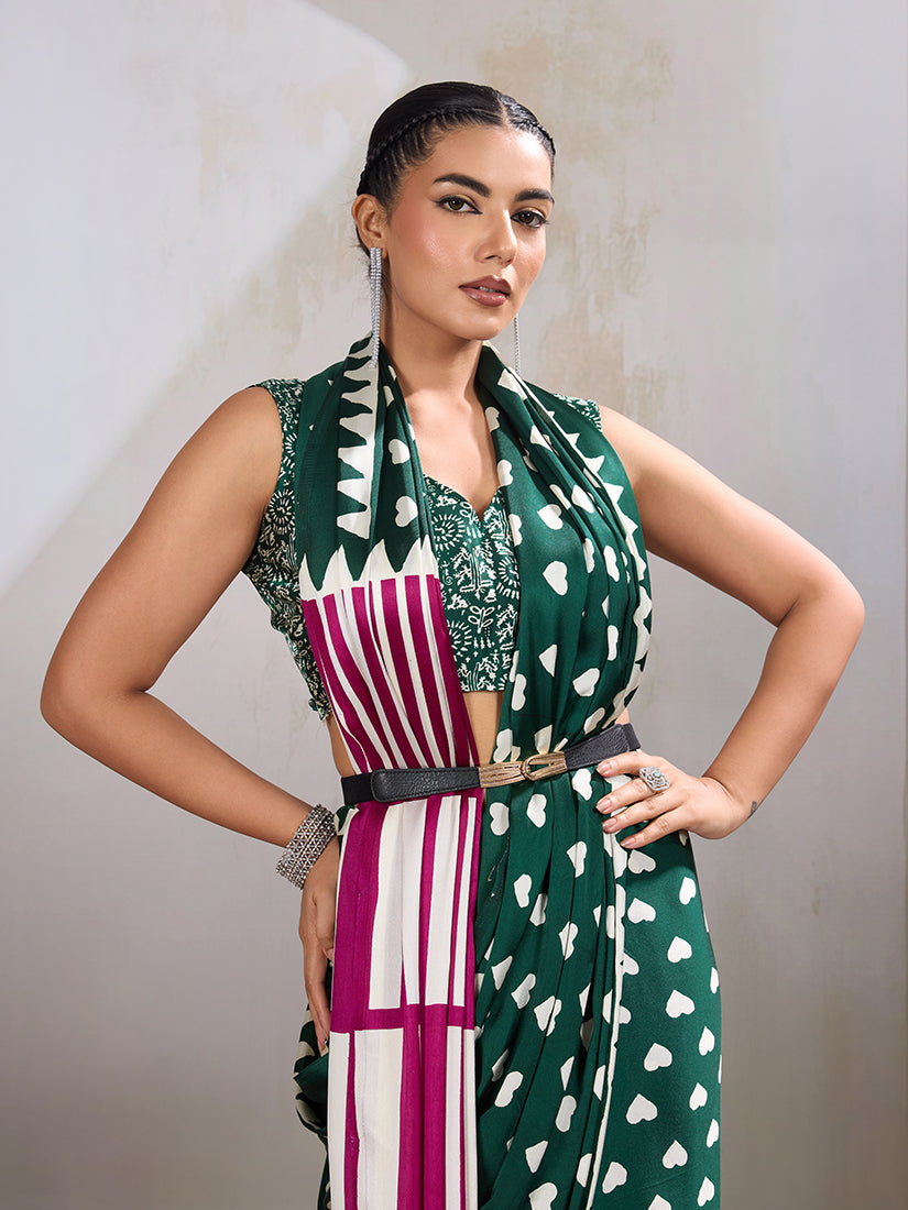 Monjolika Fashion Dark Green Printed Satin Saree - Distacart