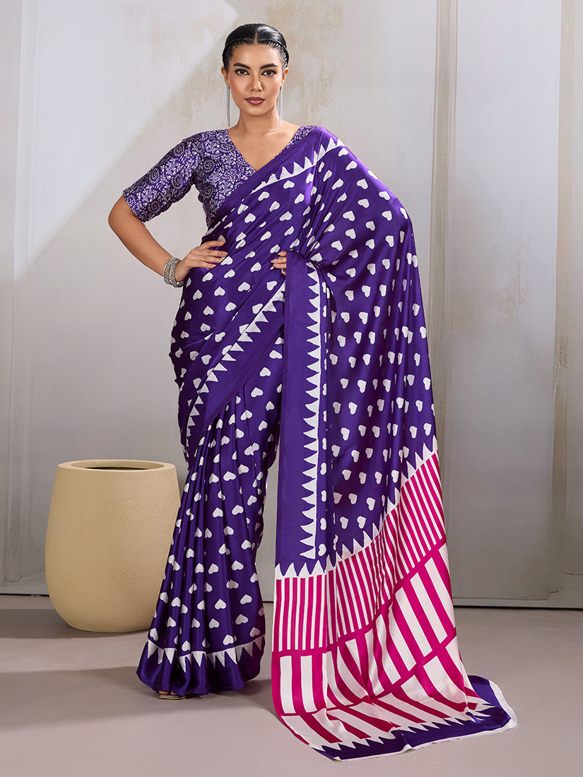 Monjolika Fashion Violet Printed Satin Saree - Distacart