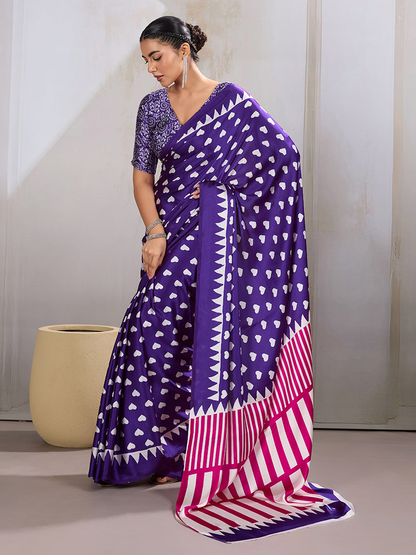 Monjolika Fashion Violet Printed Satin Saree - Distacart