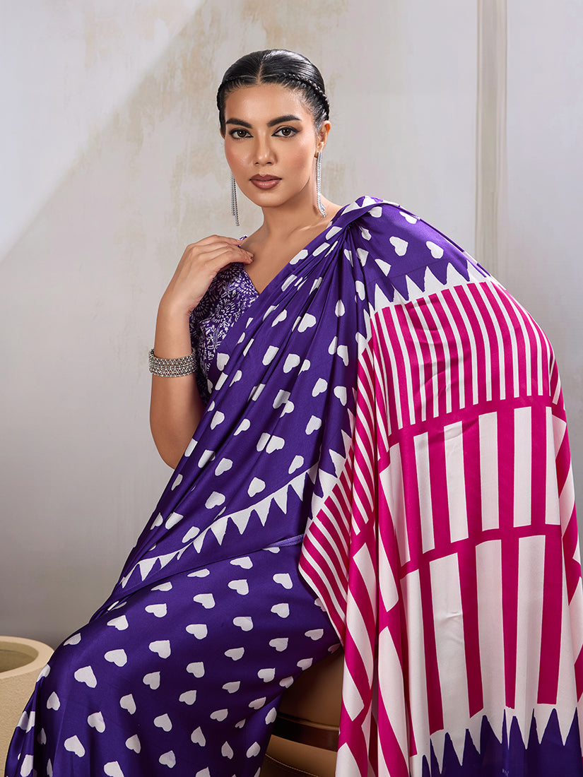 Monjolika Fashion Violet Printed Satin Saree - Distacart