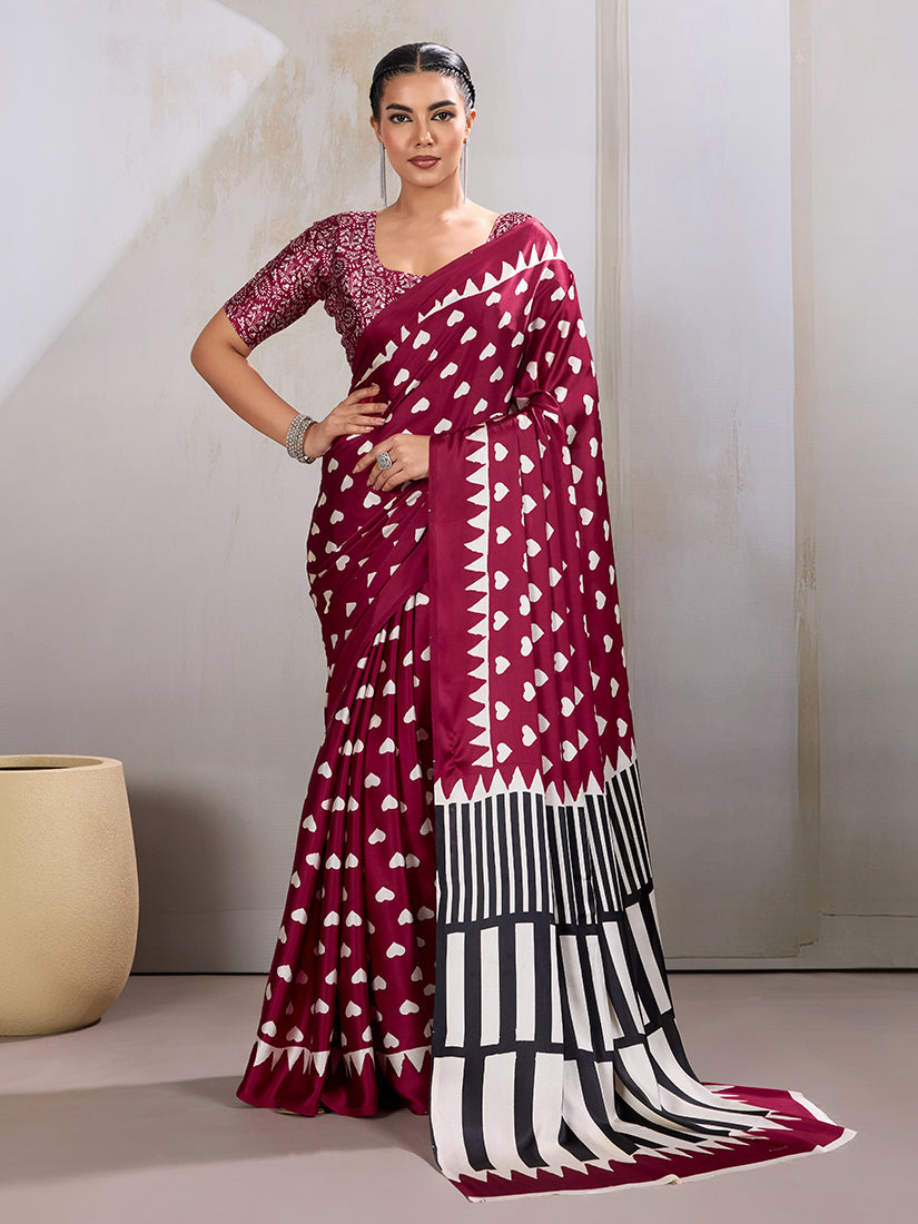 Monjolika Fashion Maroon Printed Satin Saree - Distacart