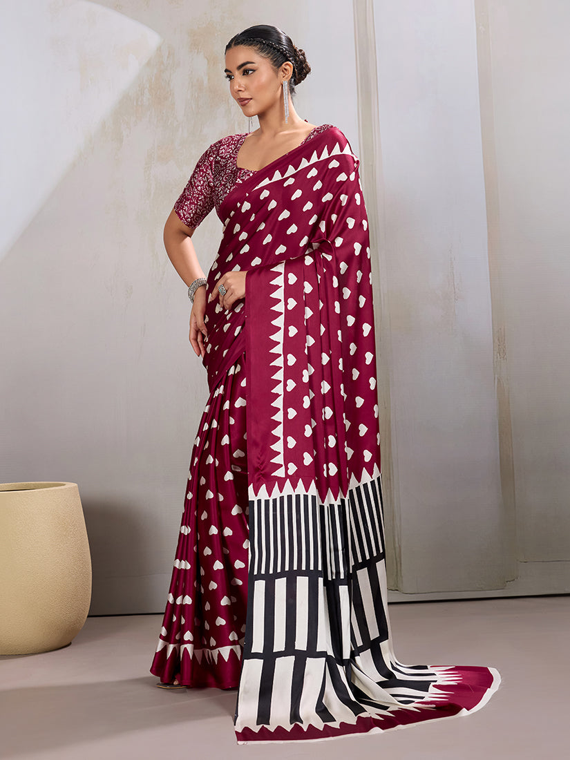 Monjolika Fashion Maroon Printed Satin Saree - Distacart