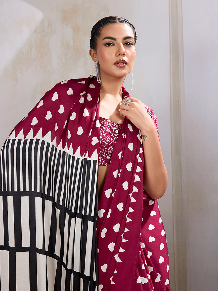 Monjolika Fashion Maroon Printed Satin Saree - Distacart