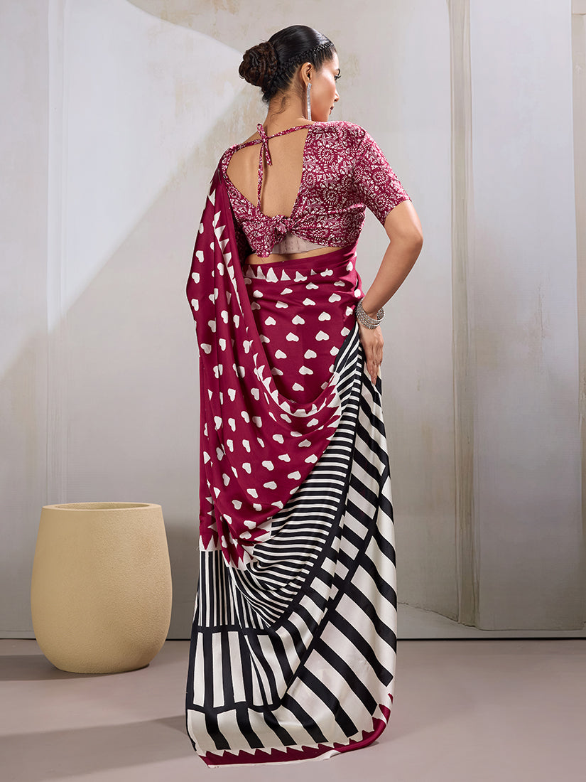 Monjolika Fashion Maroon Printed Satin Saree - Distacart