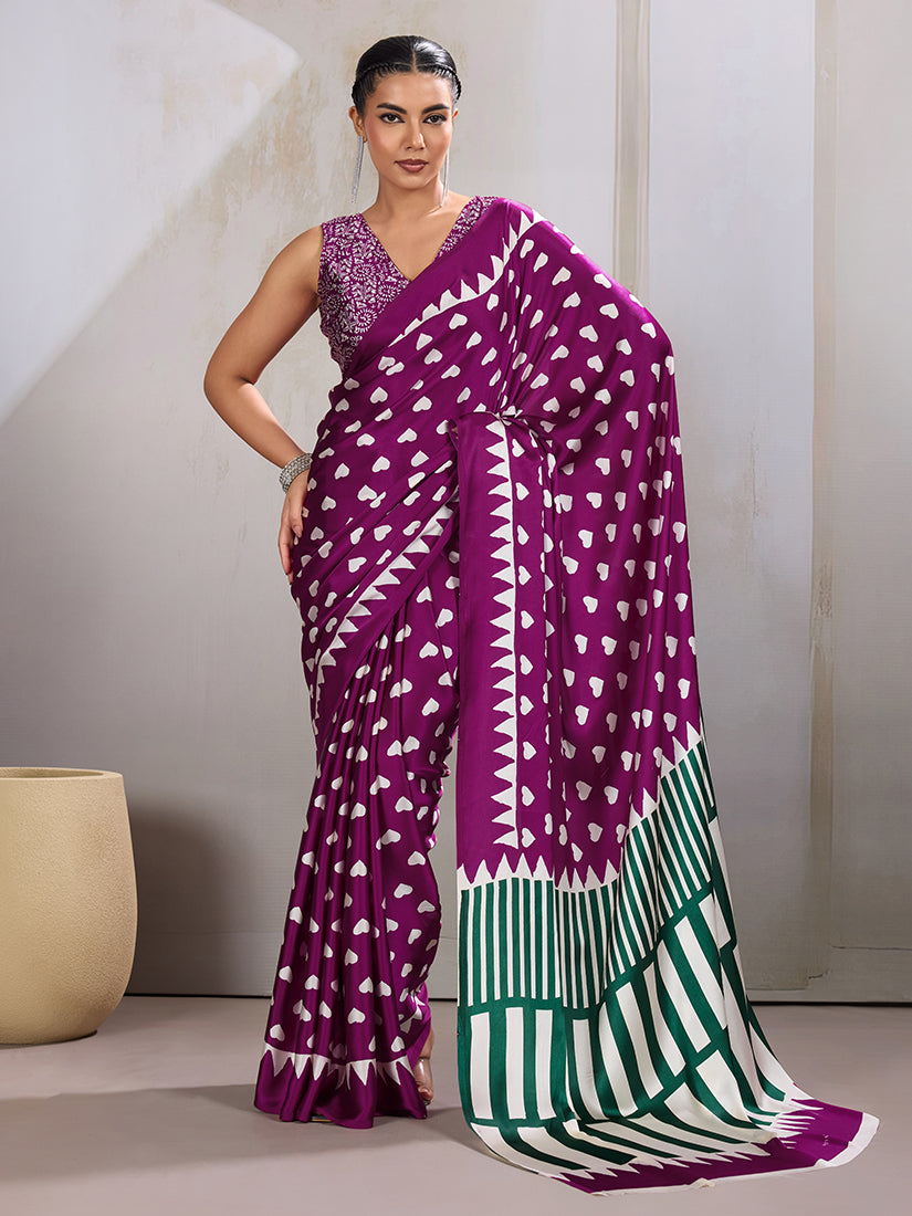 Monjolika Fashion Dark Magenta Printed Satin Saree - Distacart