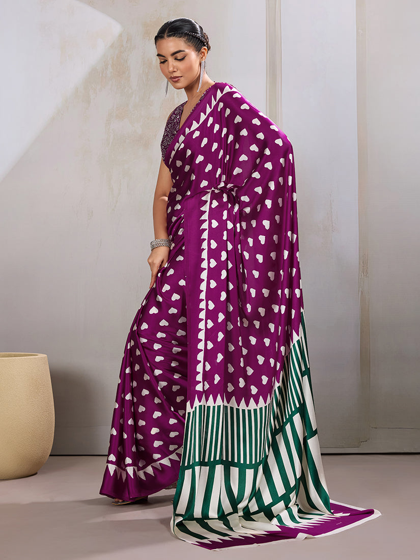 Monjolika Fashion Dark Magenta Printed Satin Saree - Distacart