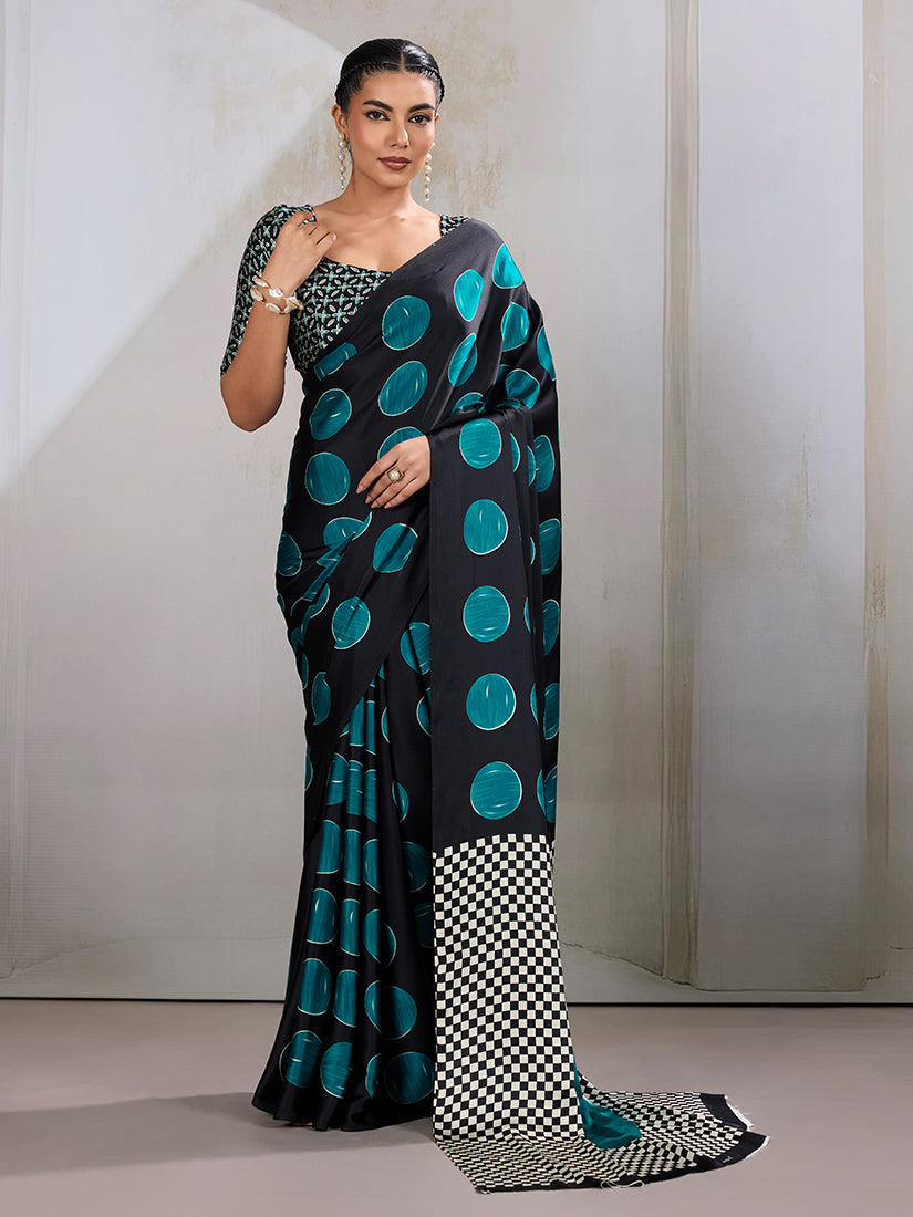 Monjolika Fashion Black & Teal Satin Printed Saree - Distacart