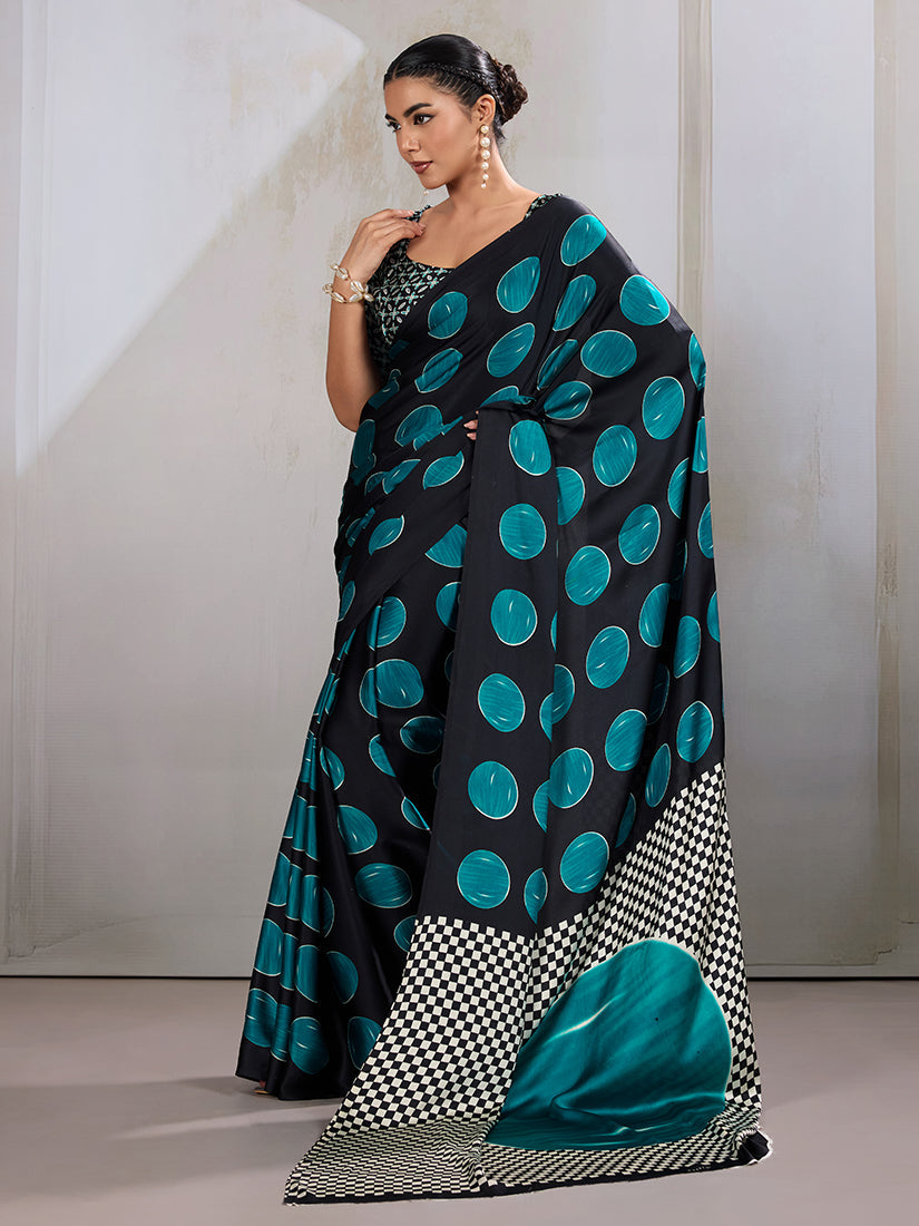 Monjolika Fashion Black & Teal Satin Printed Saree - Distacart