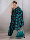 Monjolika Fashion Black & Teal Satin Printed Saree - Distacart