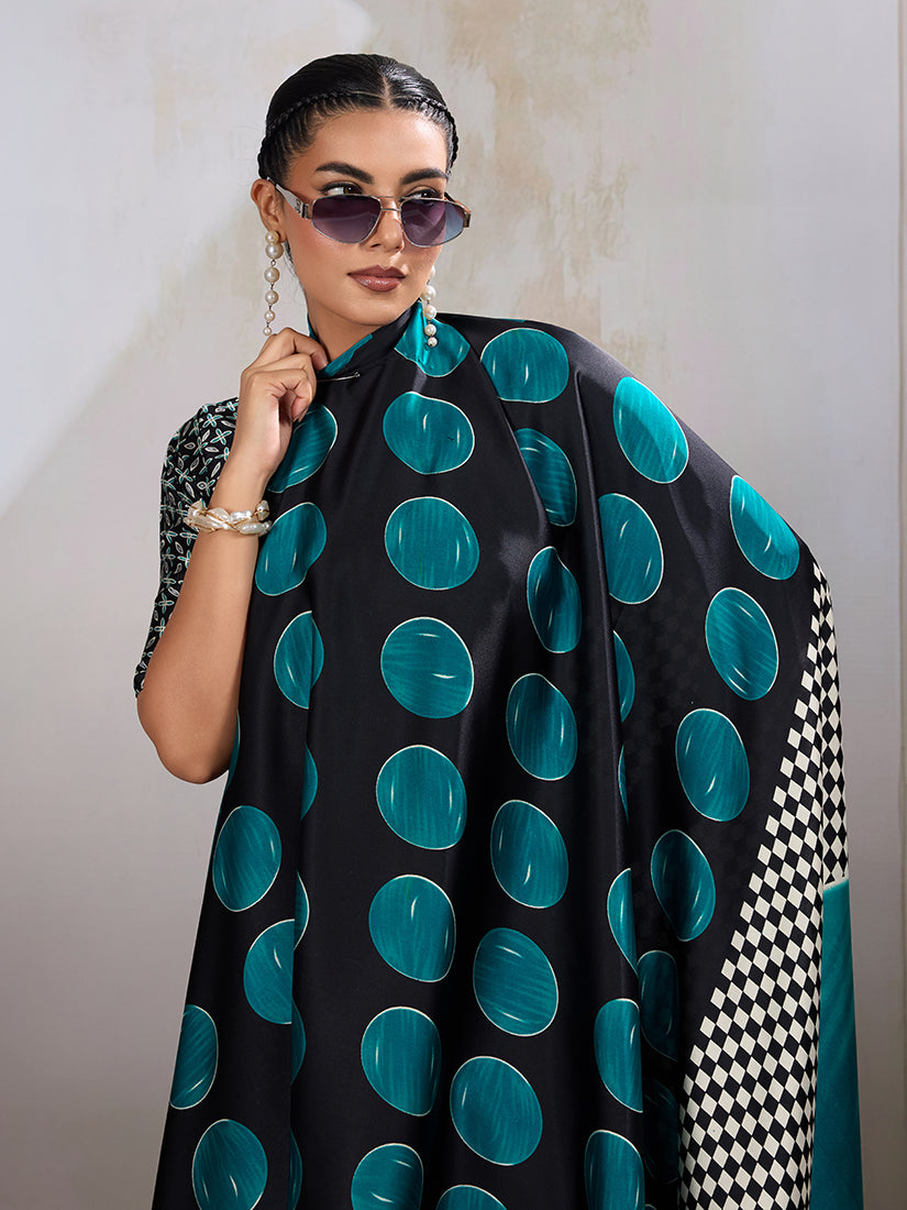 Monjolika Fashion Black & Teal Satin Printed Saree - Distacart