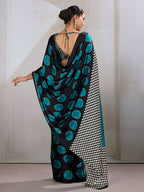 Monjolika Fashion Black & Teal Satin Printed Saree - Distacart