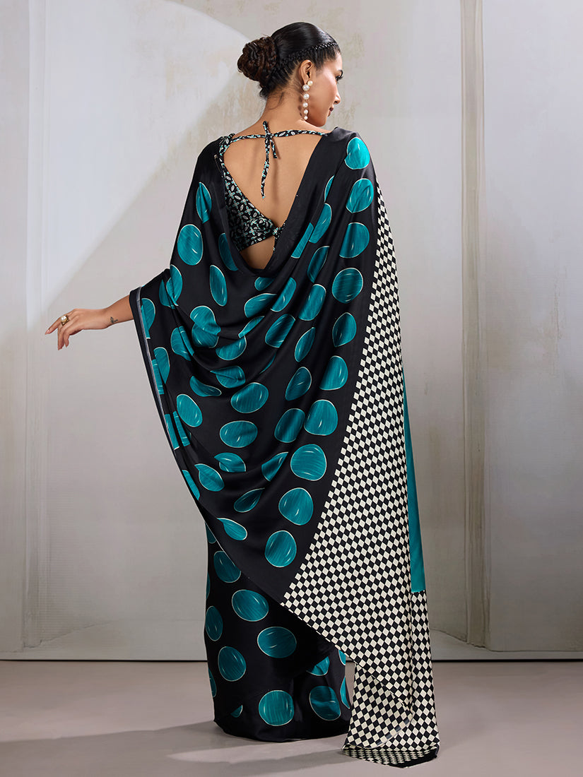 Monjolika Fashion Black & Teal Satin Printed Saree - Distacart