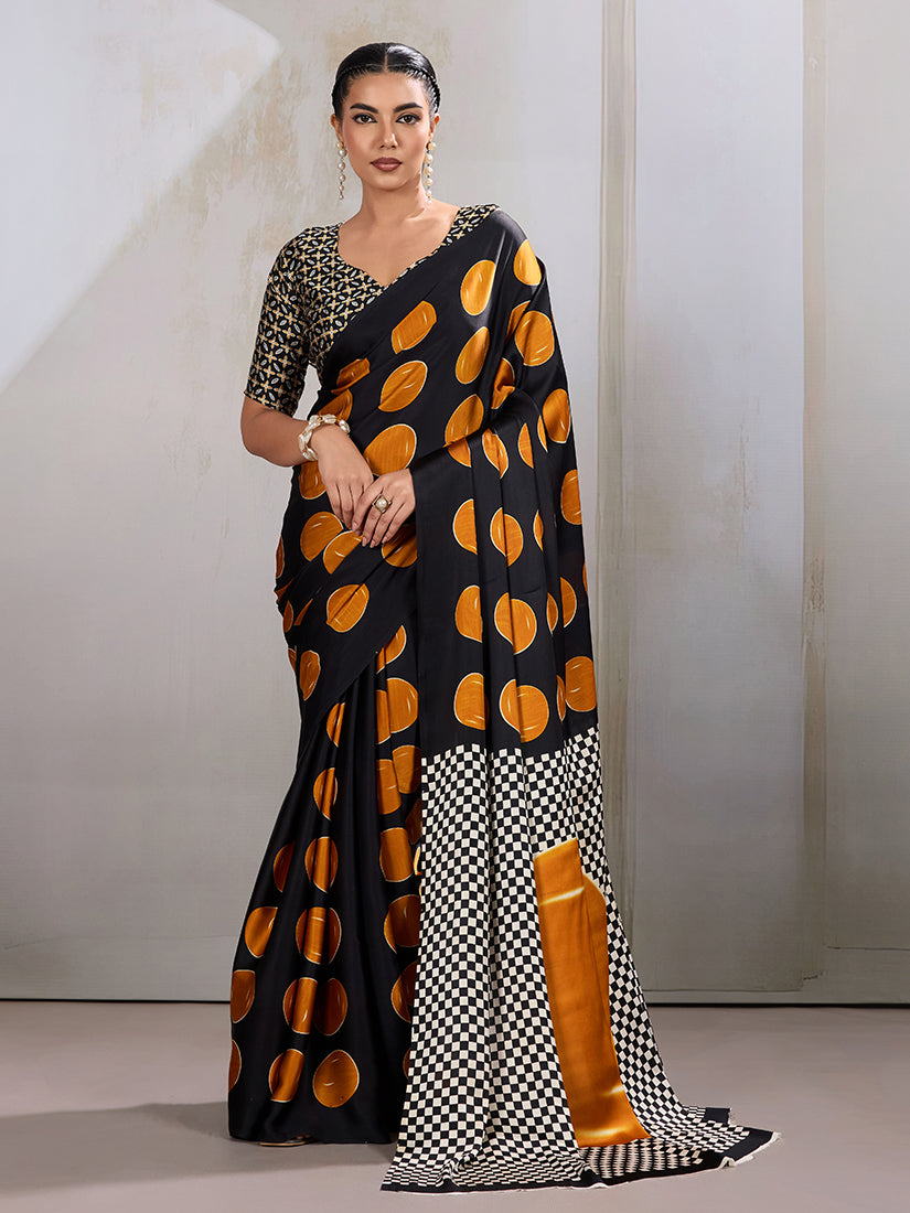 Monjolika Fashion Black & Orange Satin Printed Saree - Distacart
