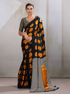 Monjolika Fashion Black & Orange Satin Printed Saree - Distacart