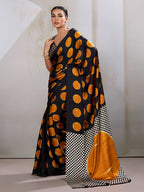 Monjolika Fashion Black & Orange Satin Printed Saree - Distacart