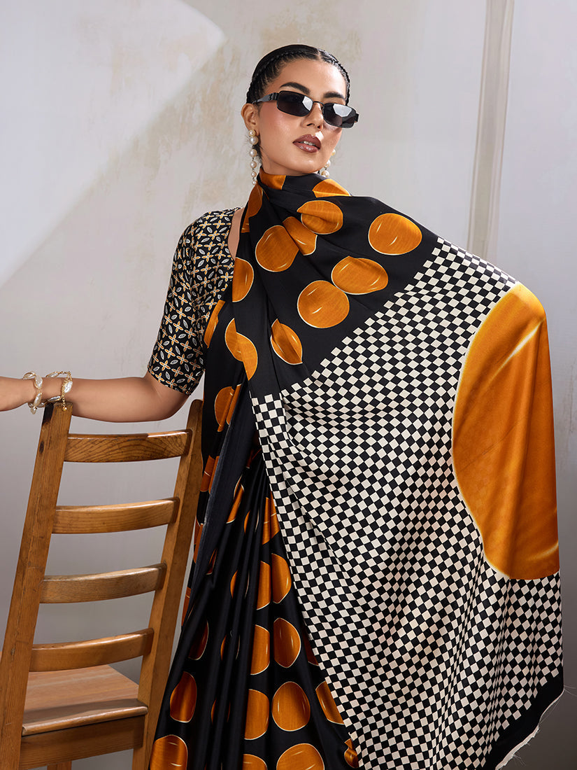 Monjolika Fashion Black & Orange Satin Printed Saree - Distacart