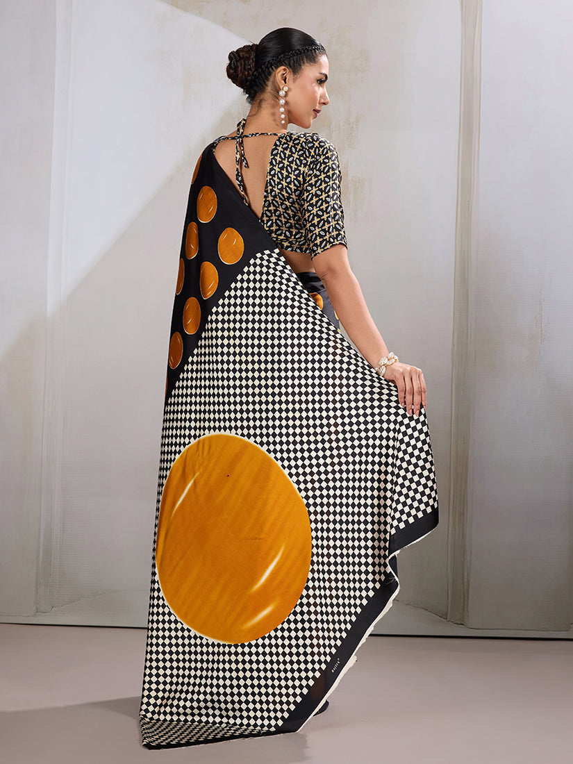 Monjolika Fashion Black & Orange Satin Printed Saree - Distacart